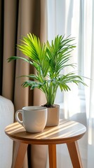 Bright sunlight filters through a window, creating a warm ambiance around a coffee cup and small plant on the table
