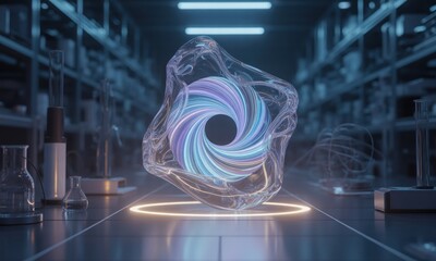 Abstract swirling vortex within a clear bubble, glowing on a lab bench amidst science equipment