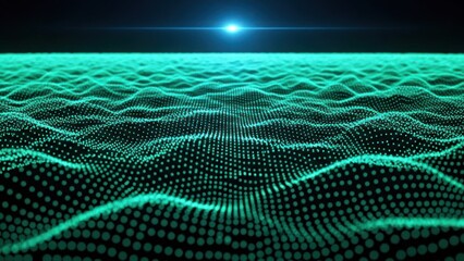 Abstract glowing green digital landscape with undulating dots and a bright distant light