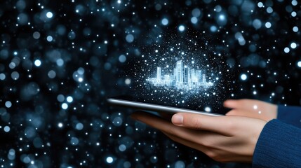 Experience the fusion of technology and urban development with a digital tablet displaying a virtual city hologram alongside social network icons