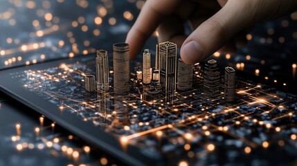 Experience the fusion of technology and urban development with a digital tablet displaying a virtual city hologram alongside social network icons
