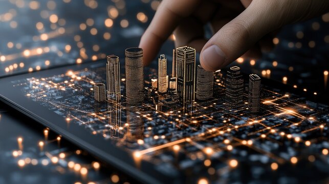 Experience the fusion of technology and urban development with a digital tablet displaying a virtual city hologram alongside social network icons