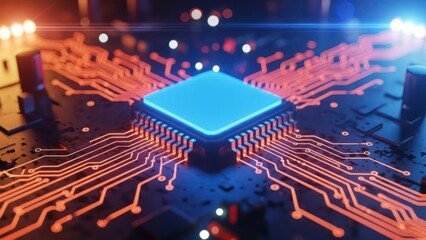 Bright blue glowing processor on a dark circuit board with radiating orange pathways