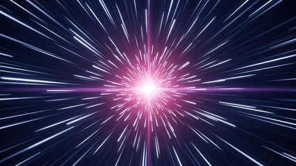 Bright pink light bursts forward with radiating white streaks in a dark blue void