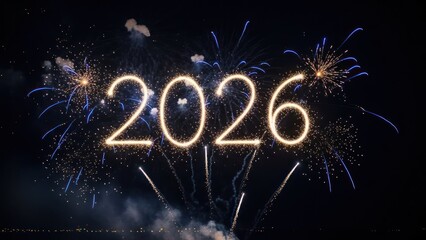 Bright golden 2026 digits formed by light, surrounded by colorful fireworks at night