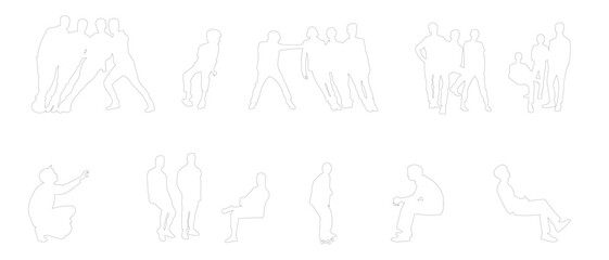 A clean set of 16 male line-art figures, including group dynamics, standing poses and relaxed seated silhouettes. Minimal outlines make this collection perfect for architectural plans, UI design, info