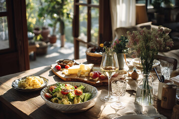 Home Party Brunch Table by a Sunny Window with Salad and Wine