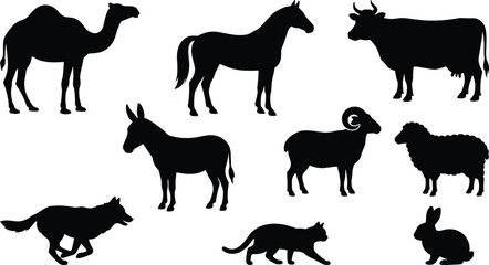 Silhouette, domestic animals, camel, horse, cow, goat, sheep, dog, cat, rabbit, black, minimal, illustration, nature, agriculture, pet, livestock, farm, white background, animal shapes, classification