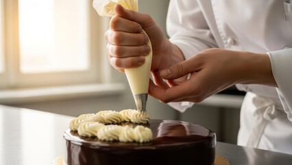 Chef's hands pipe white frosting swirls onto a glossy chocolate cake, detailing dessert