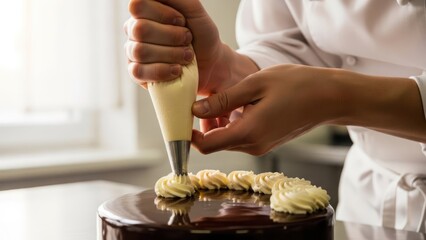Chef pipes creamy white frosting onto a glossy chocolate cake, detailing dessert