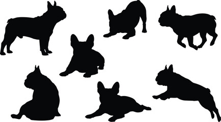 Silhouette, French Bulldog, dog poses, sitting, standing, lying, jumping, crouching, pet, black, minimal, 
