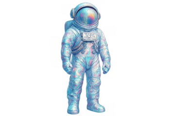 Astronaut standing in iridescent psychedelic spacesuit, embodying space exploration and futuristic digital art on transparent