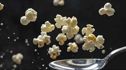 Popped corn kernels frozen in motion falling onto and around a silver spoon against a solid black background - Powered by Adobe