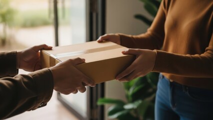Obraz premium Close-up of hands exchanging a taped cardboard delivery box at an indoor entryway