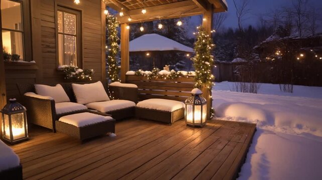 Ein Holzpatio ist mit schneebedeckten Kissen, leuchtenden Laternen und Lichterketten geschm&uuml;ckt