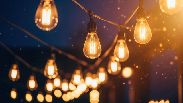 Close-up of string lights glowing warmly at night with bokeh and light particles