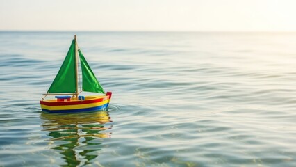 Colorful toy sailboat with green sail floats on clear, tranquil ocean water under bright sky