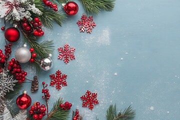 christmas background with fir branches and balls Christmas, Xmas, Holidays, Festive, Winter, Noel, New Year, Greeting, Card, Banner, Frame, Template, Background, Flat lay, Top view, Snow, Sparkle, Dec