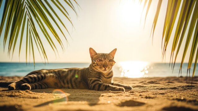 Cool tabby cat wearing shades, relaxing on a sunny tropical beach at sunset