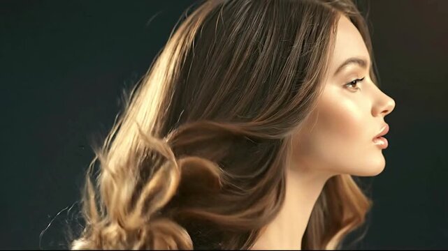 Profile view of a woman with long voluminous highlighted brown hair flowing in the air against a dark background