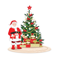 A friendly Santa Claus gestures welcomingly toward the gifts under the Christmas tree. Holiday vector illustration on a white background.
