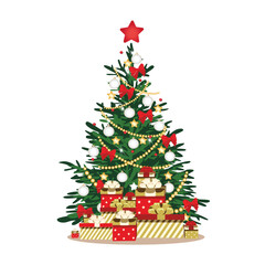 A beautiful Christmas tree decorated with beads, garlands, and baubles, with a pile of gifts underneath. Festive vector illustration on a white background.