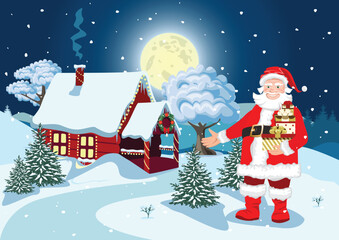 A friendly Santa Claus with gifts in his hands points to a Christmas house. Holiday vector illustration.