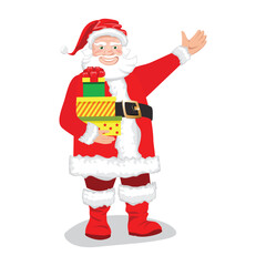 A cheerful Santa Claus with gifts gestures welcomingly. Holiday vector illustration on a white background.