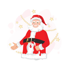 A cheerful Santa Claus with a lollipop gestures welcomingly. Festive vector illustration on an abstract background.