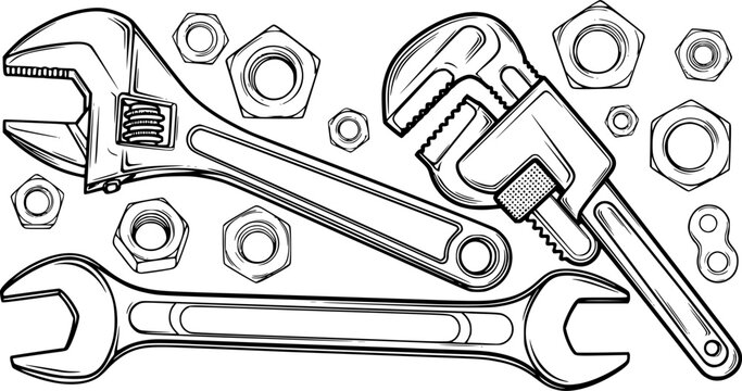 Adjustable wrench and pipe wrench vector set with nuts and spanner tools for mechanical and plumbing repairs
