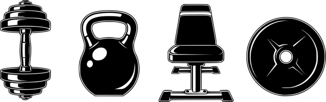 Fitness equipment vector set with dumbbells kettlebell bench and weight plate for gym workout training
