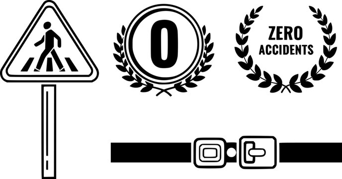 Safety icons set including pedestrian crossing zero accidents seatbelt buckle vector illustration
