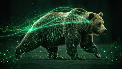 Digital bear with glowing green data streams and network nodes, representing market trends