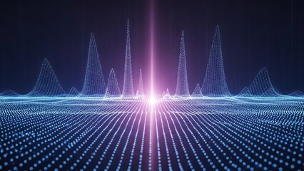 Digital data visualization with glowing blue waveform peaks and bright purple light beam