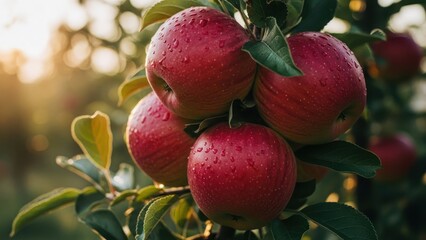 Dew-kissed red apples on a tree branch with vibrant green leaves bathed in golden light