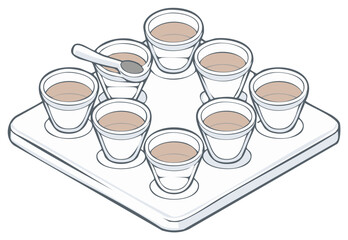 Coffee Cupping Illustration: Aroma Analysis, Coffee Tasting Session, Sensory Evaluation with Freshly Brewed Coffee in Small Cups