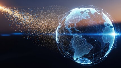 Digital Earth globe showing global network with data stream of dispersing particles