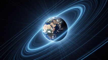 Digital Earth illustration with swirling blue light rings and energy lines in space