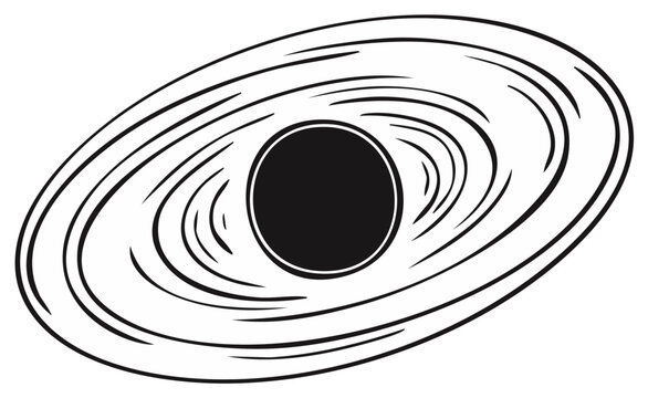 Stylized illustration of a black hole with swirling matter in a minimalist black and white drawing style