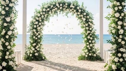 Elegant white rose arch on a sunny beach, with ocean in background and petals falling