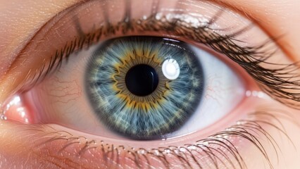 Fototapeta premium Extreme close-up of a vibrant blue-green human eye with a golden inner ring and pupil