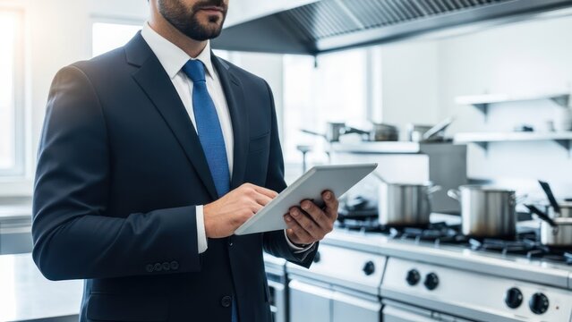 Executive in suit checks tablet in gleaming commercial kitchen, managing operations - Powered by Adobe