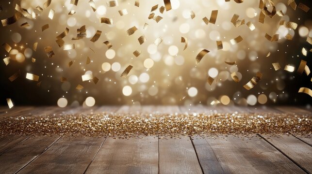 Brightly colored red carpet with falling golden confetti sets a celebratory mood in a well-lit studio featuring an award podium