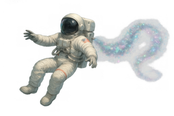 Astronaut floating in space with a trail of sparkling galaxy dust, symbolising cosmic exploration and dream