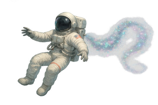 Astronaut floating in space with a trail of sparkling galaxy dust, symbolising cosmic exploration and dream