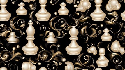 The pattern showcases various white chess pieces meticulously arranged on a solid black background, creating a visually appealing contrast SEAMLESS PATTERN
