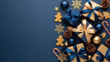 Festive gold gift boxes with blue ribbons, ornaments, and cookies on a dark blue background