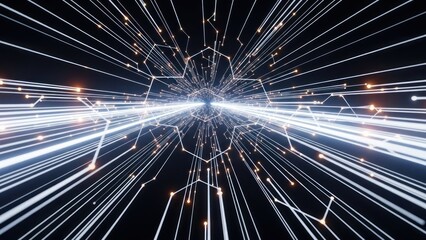 Futuristic digital tunnel glowing data lines and interconnected orange nodes on a dark background