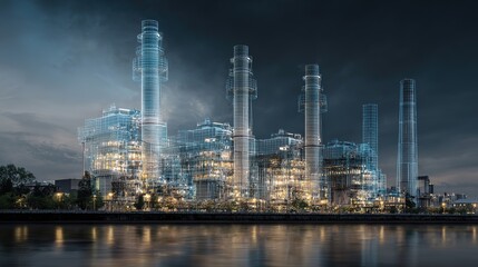 Naklejka premium Industrial Power Plant: A high-tech view of a power plant against a dusk sky, with its intricate network of pipes, chimneys, and structures reflecting a city skyline.