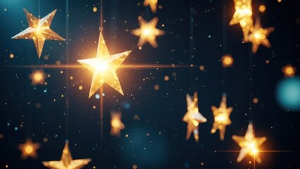 Golden glowing faceted stars twinkle against a dark, sparkling, bokeh-filled background